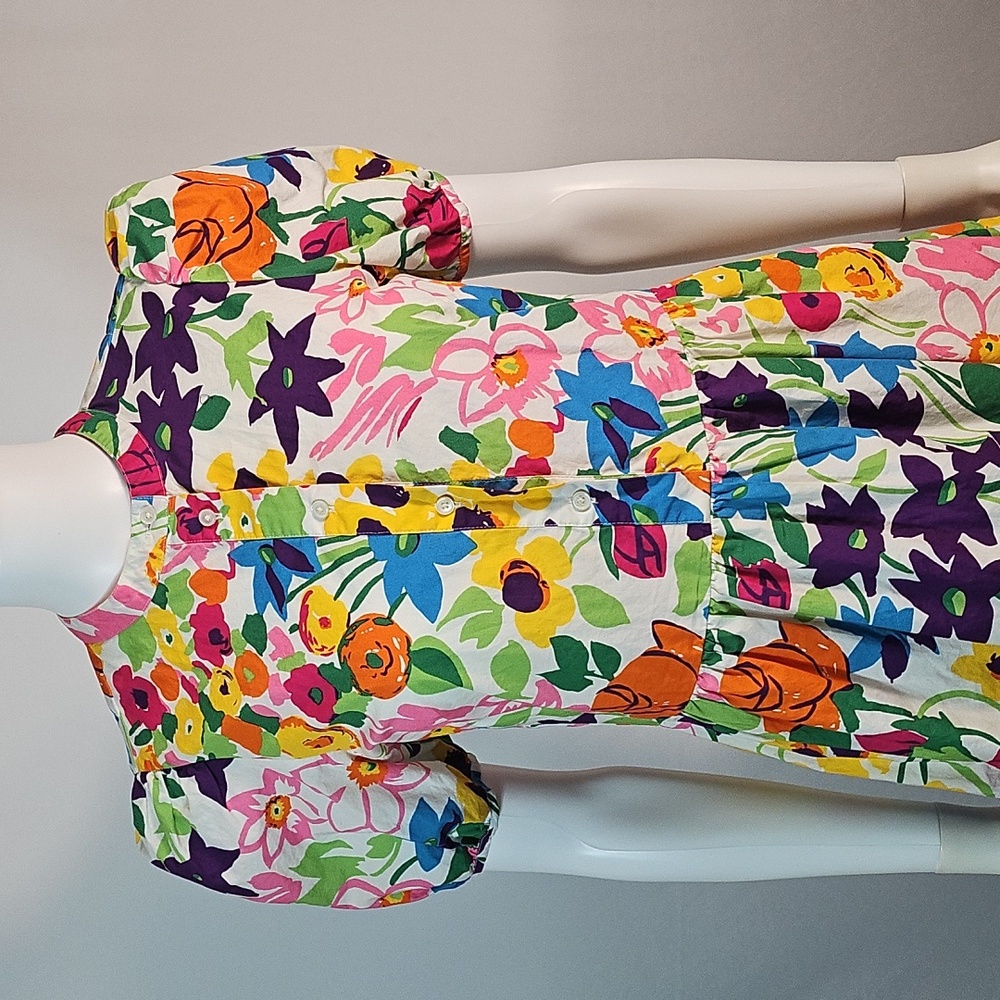 J. Crew 100% Cotton Vibrant Multi-Color Floral Puff Sleeve Ruffle Hem Dress - Picture 5 of 16